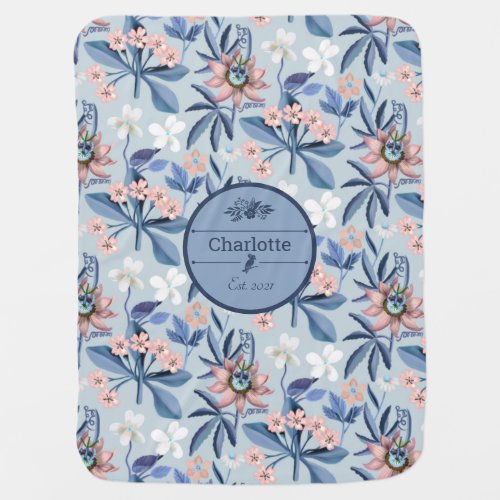 Personalized Pastel Passion Flower Pattern Name Baby Blanket