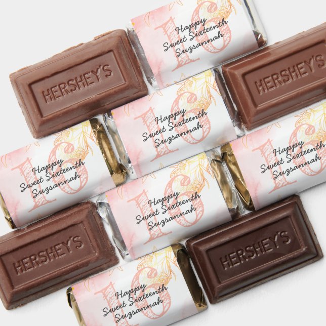 Personalized Pastel Peach and Gold Floral Sweet 16 Hershey's Miniatures (Assorted)