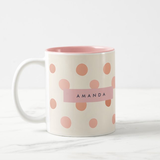 Personalized Pastel Peach & Blush Polka Dot  Two-Tone Coffee Mug (Left)