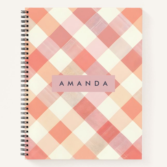 Personalized Pastel Peach Checkered Modern  Notebook (Front)
