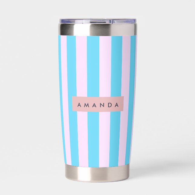 Personalized Pastel Pink and Blue Striped Insulated Tumbler (Front)