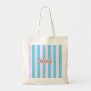 Personalized Pastel Pink and Blue Striped Tote Bag