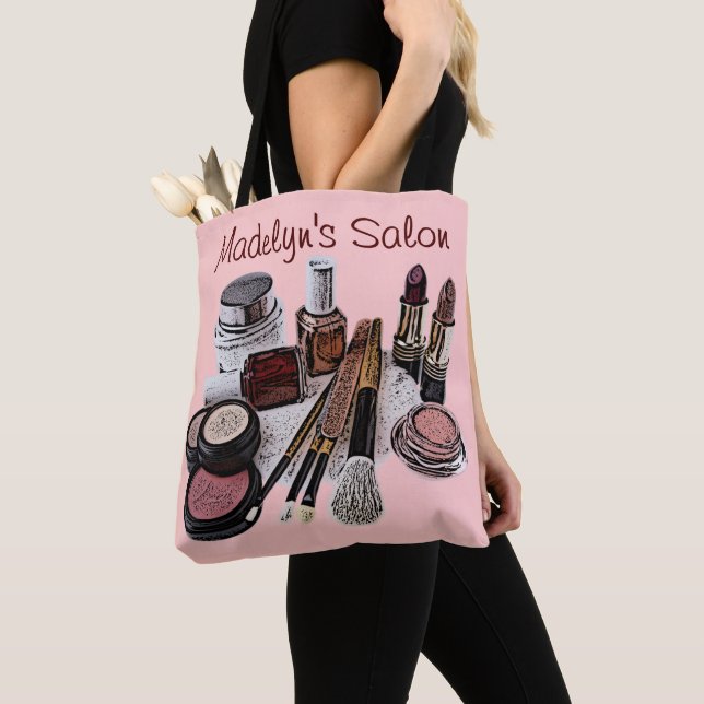 Personalized Pastel Pink Beauty Salon Makeup Tote Bag (Close Up)