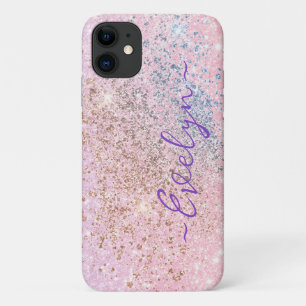 Personalized pastel pink blue glitter iPhone 11 case
