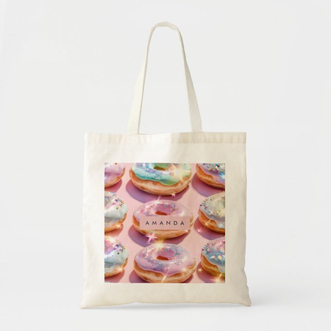 Personalized Pastel Pink Donut Sparkle Tote Bag (Front)