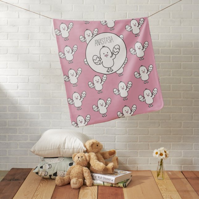 Personalized Pastel Pink Easter Chick & Eggs Girl Baby Blanket (In Situ)