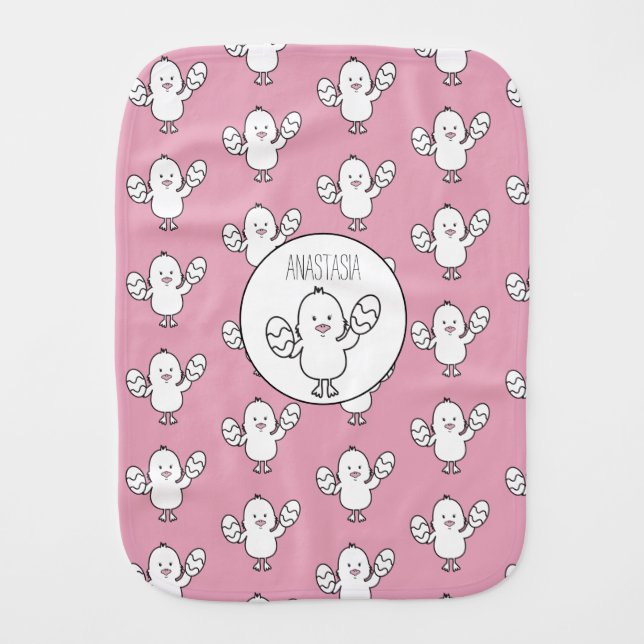 Personalized Pastel Pink Easter Chick & Eggs Girl Baby Burp Cloth (Front)