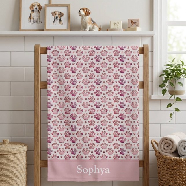Personalized Pastel Pink Paw Print Bath Towel (Creator Uploaded)