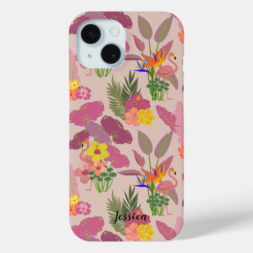 Personalized Pastel Pink Tropical themeFlamingo iPhone 15 Case