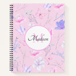Personalized Pastel Pink Watercolor Floral Butterf Notebook