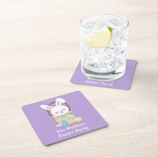 Personalized Pastel Purple Happy Easter Party Square Paper Coaster (Insitu)