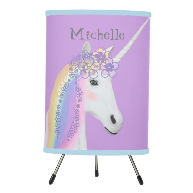 Personalized Pastel Purple Unicorn Kids Tripod Lamp (Front)