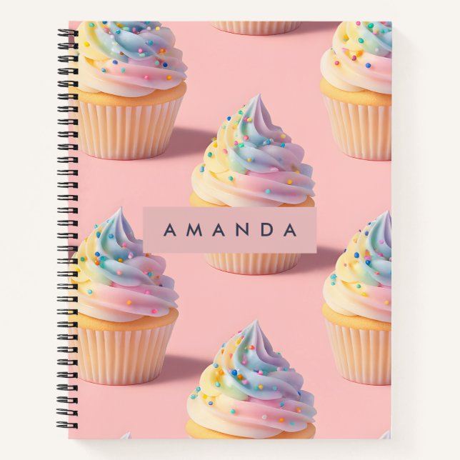 Personalized Pastel Rainbow Cupcake Pattern Notebook (Front)