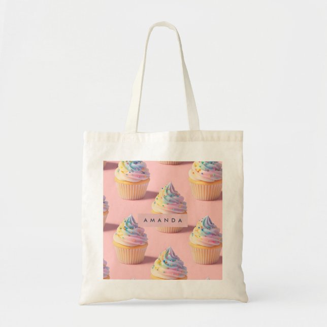 Personalized Pastel Rainbow Cupcake Pattern Tote Bag (Front)