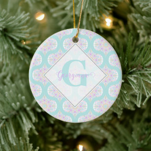 Personalized Pastel Rainbow Floral Mandala Mid Mod Ceramic Ornament