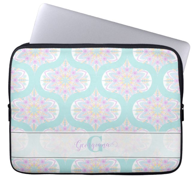 Personalized Pastel Rainbow Floral Mandala Mid Mod Laptop Sleeve (Front)