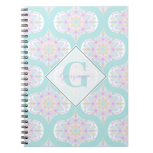 Personalized Pastel Rainbow Floral Mandala Mid Mod Notebook (Front)