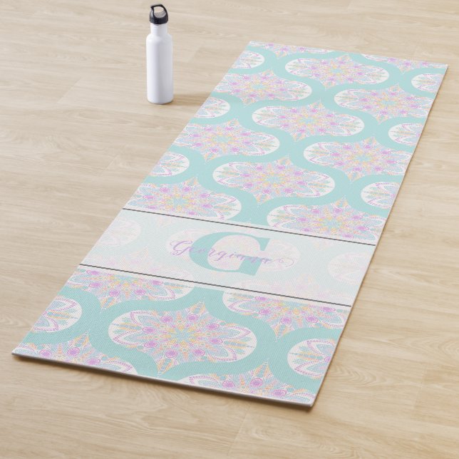 Personalized Pastel Rainbow Floral Mandala Mid Mod Yoga Mat (In Situ)