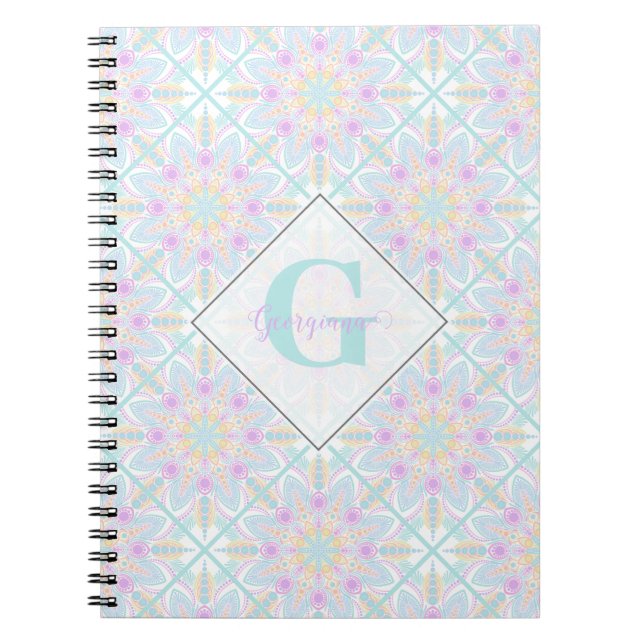 Personalized Pastel Rainbow Floral Mandala Tiled Notebook (Front)