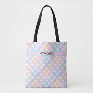 Personalized Pastel Rainbow Gingham Pattern Tote Bag