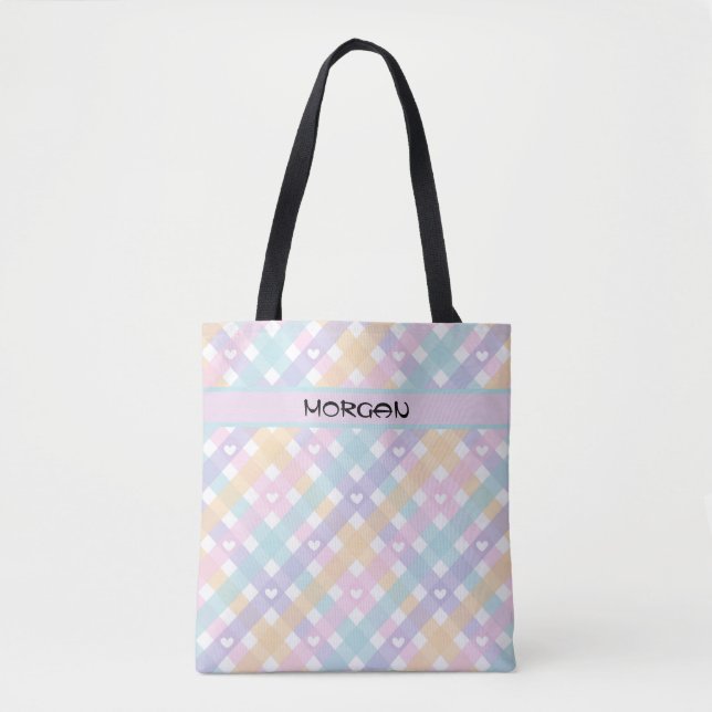 Personalized Pastel Rainbow Gingham Pattern Tote Bag (Front)