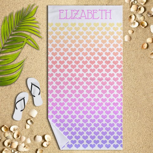 Personalized Pastel Rainbow Hearts Beach Towel