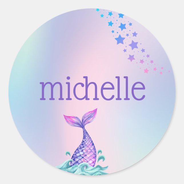 Personalized Pastel Rainbow Mermaid Classic Round Sticker (Front)