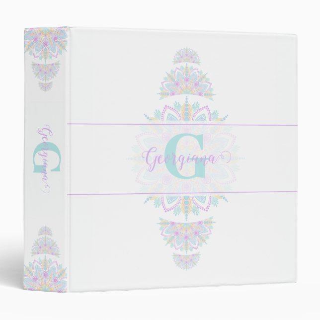 Personalized Pastel Rainbow Ornamental Dot Mandala 3 Ring Binder (Front/Spine)