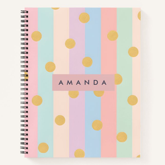 Personalized Pastel Rainbow Stripes with Dots Notebook (Front)