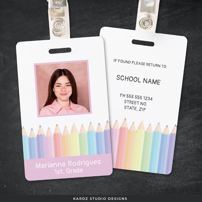 Personalized Pastel Rainbow Teacher Photo ID Badge (Front and back of ID shown. Personalize with your photo and information. Choose attachment type.)