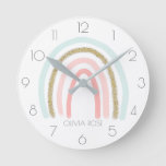 Personalized Pastel Rainbow With Faux Gold Glitter Round Clock at Zazzle