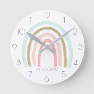 Personalized Pastel Rainbow with Faux Gold Glitter Round Clock