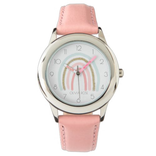 Personalized Pastel Rainbow with Faux Gold Glitter Watch