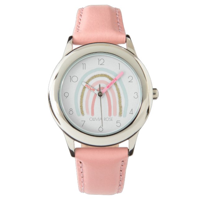 Personalized Pastel Rainbow with Faux Gold Glitter Watch (Front)