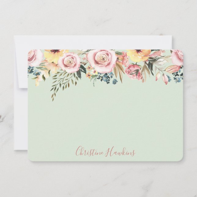 Personalized Pastel Sage Green Watercolor Floral Note Card (Front)
