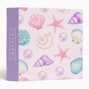 Personalized Pastel Seashell Coastal Custom Name 3 Ring Binder