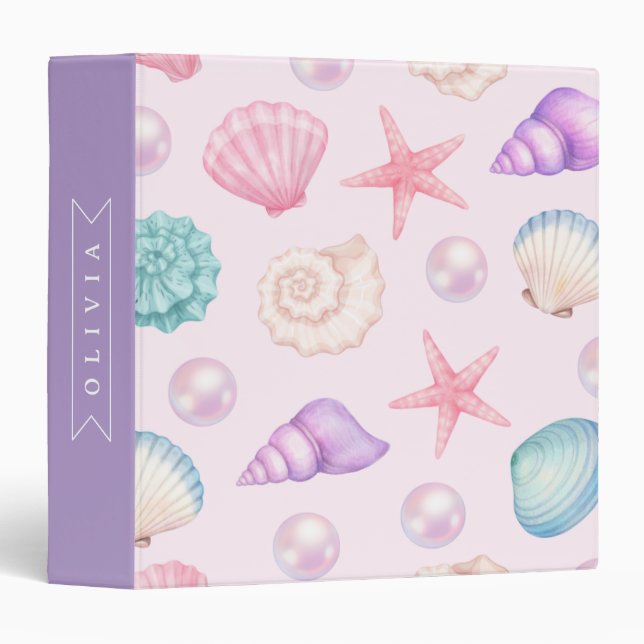 Personalized Pastel Seashell Coastal Custom Name 3 Ring Binder (Front/Spine)