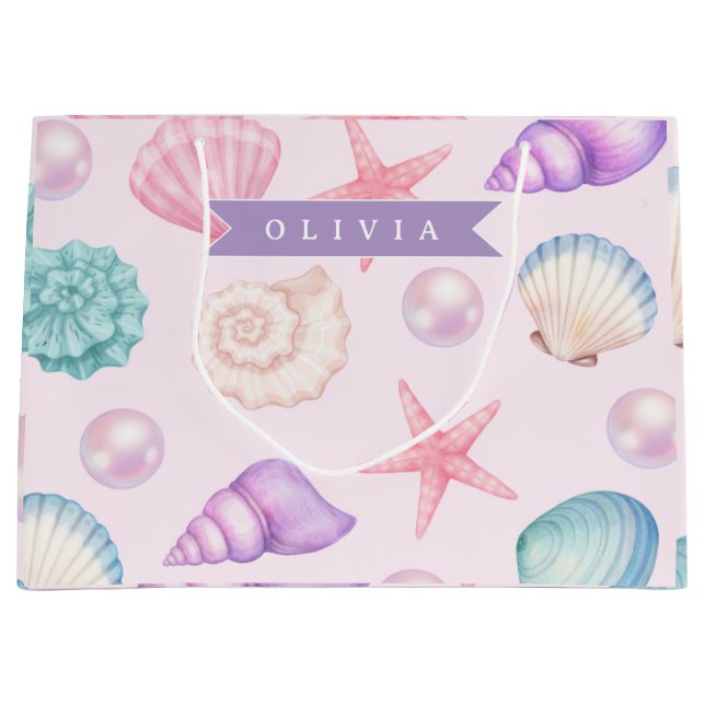 Personalized Pastel Seashell Coastal Custom Name Large Gift Bag (Front)