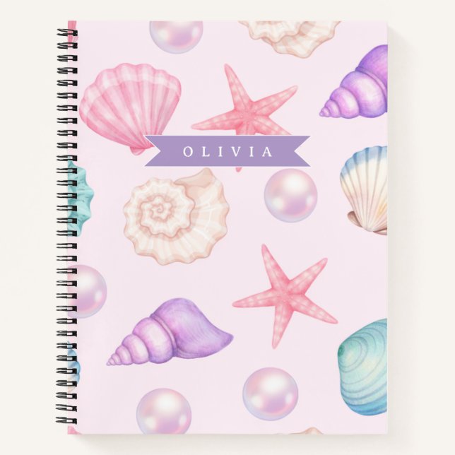 Personalized Pastel Seashell Coastal Custom Name Notebook (Front)