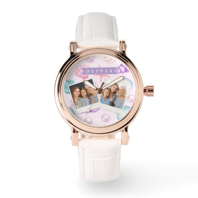 Personalized Pastel Seashell Coastal Custom Name Watch (Front)