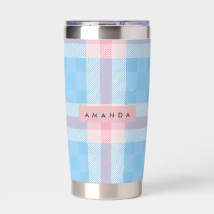 Personalized Pastel Sky Blue and Blush Pink Plaid Insulated Tumbler