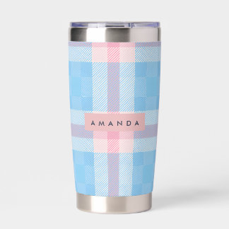 Personalized Pastel Sky Blue and Blush Pink Plaid Insulated Tumbler