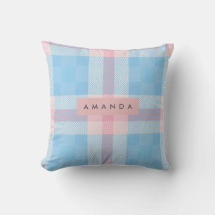 Personalized Pastel Sky Blue and Blush Pink Plaid Throw Pillow