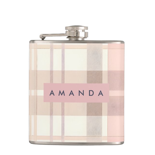 Personalized Pastel Soft Blush Beige Plaid Flask (Front)