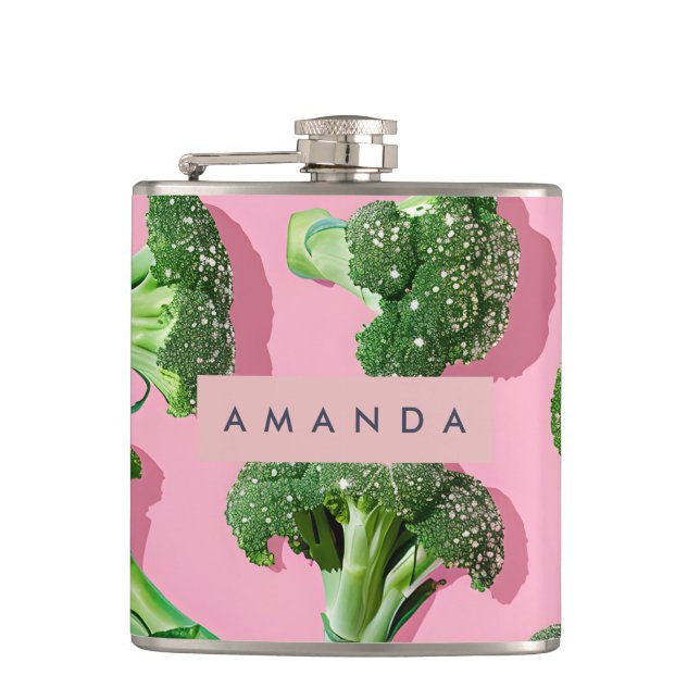 Personalized Pastel Sparkle Green Broccoli  Flask (Front)