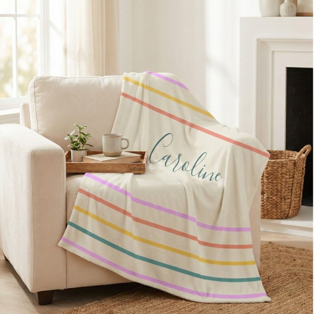 Personalized Pastel Stripes Name Cozy Decor Fleece Blanket (Creator Uploaded)