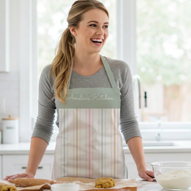 Personalized Pastel Stripes Sage Green Apron (Creator Uploaded)