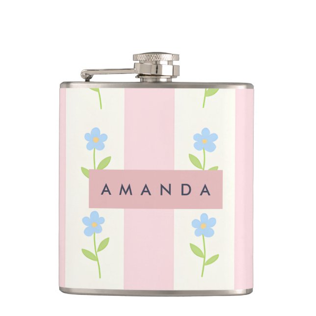 Personalized Pastel Stripes with Flower Pattern Flask (Front)
