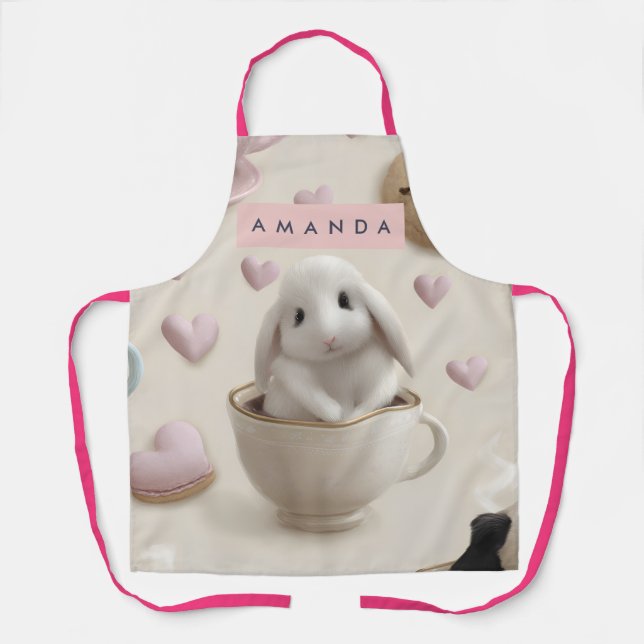 Personalized Pastel Sweet Bunny in Teacup Pattern Apron (Front)