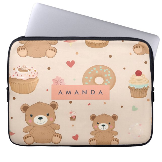 Personalized Pastel Teddy Bear and Donut Dessert Laptop Sleeve (Front)